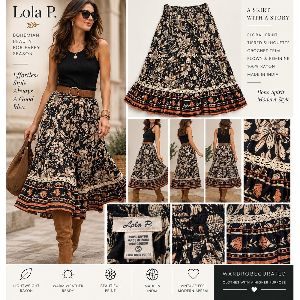 Lola P Womens Small Black Floral Boho Midi Skirt Tiered Rayon Crochet Trim India